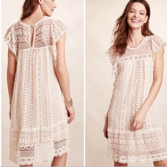Maeve Dresses & Skirts - Anthropologie Maeve Cream Crochet Overlay Shift Dress Boho Lace Cap Sleeve Small